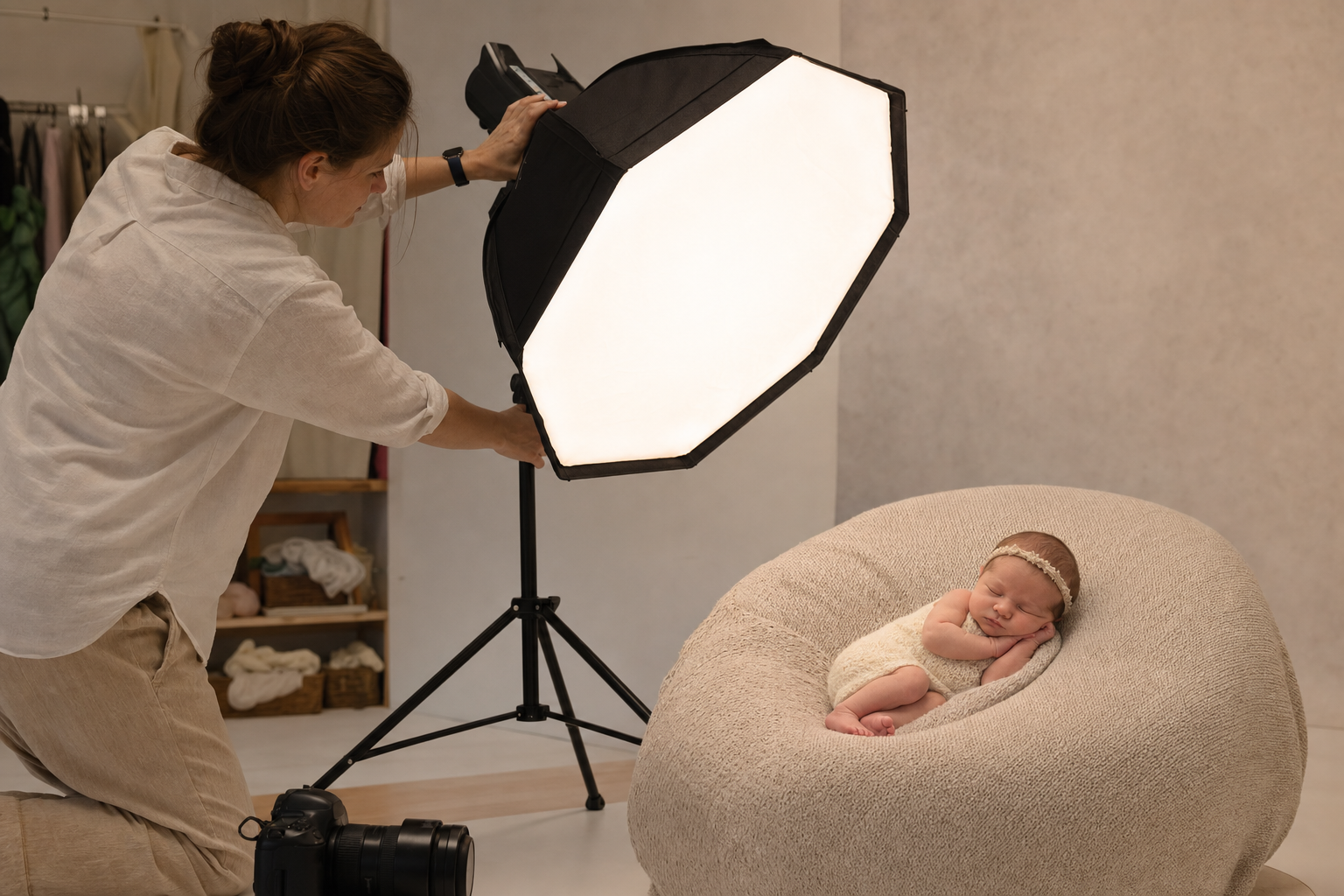 Fotografo che regola una luce da studio morbida