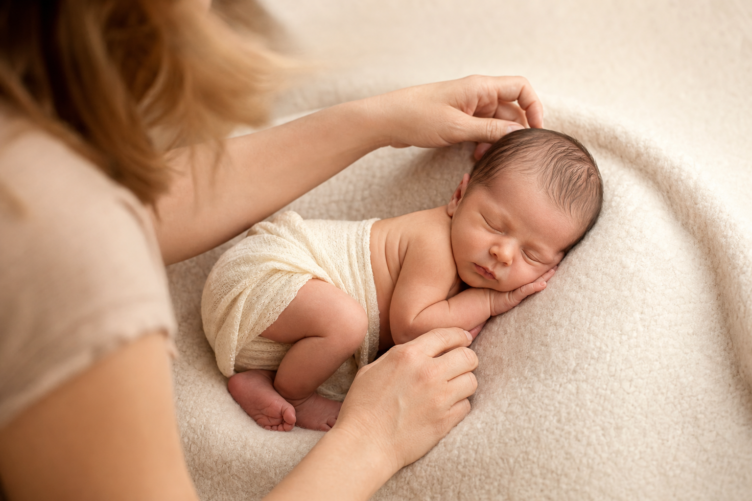 Fotografo che posa delicatamente un neonato